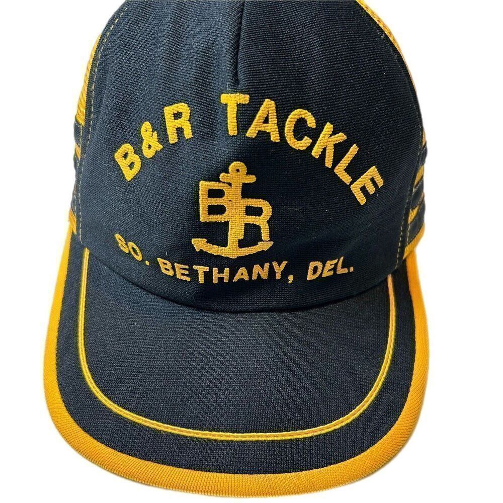 Vtg 3 Three Stripe Trucker Hat Fishing Tackle Black Yellow Snapback Mesh Cap USA - Picture 2 of 9